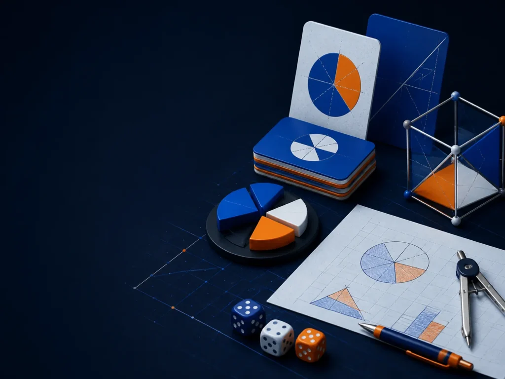 Ilustração editorial de cartões abstratos e relações matemáticas em uma grade azul